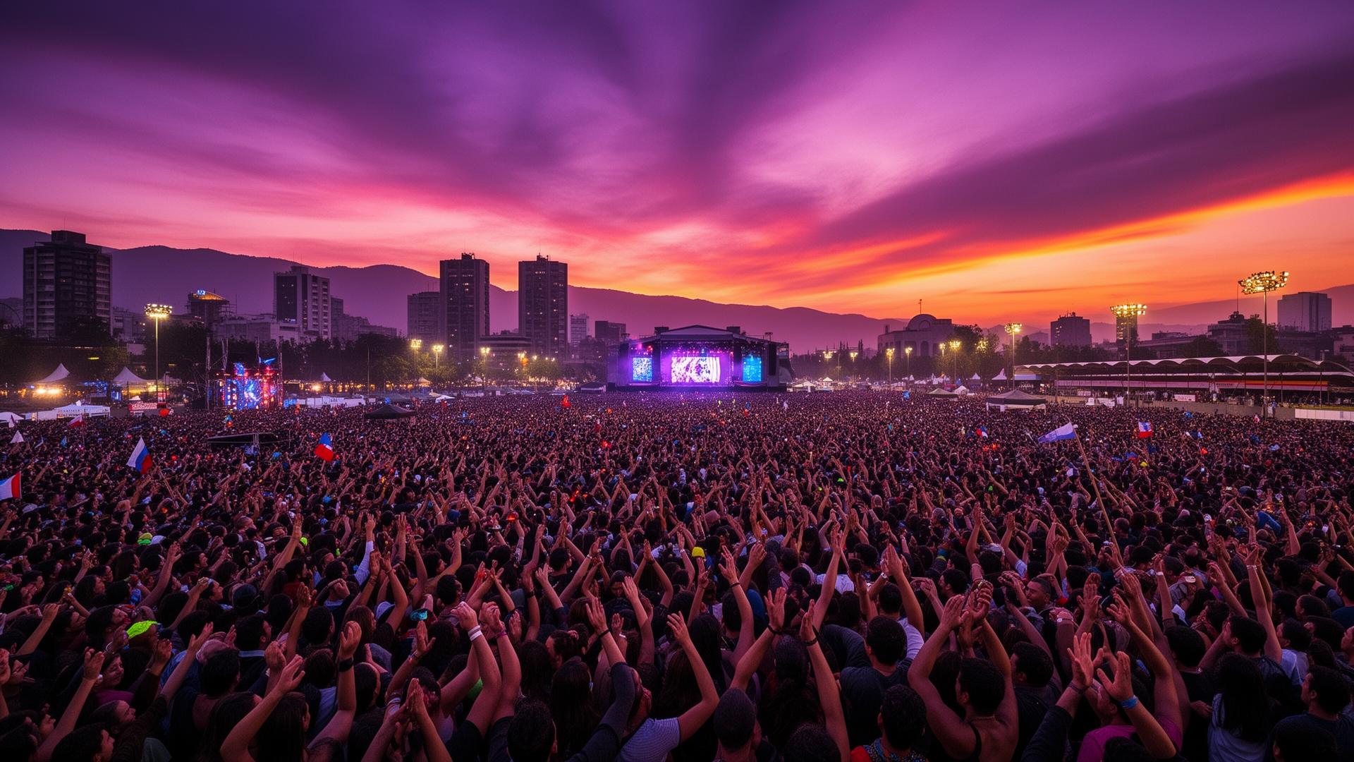 Multitud en el Hipódromo Chile al atardecer durante un festival urbano